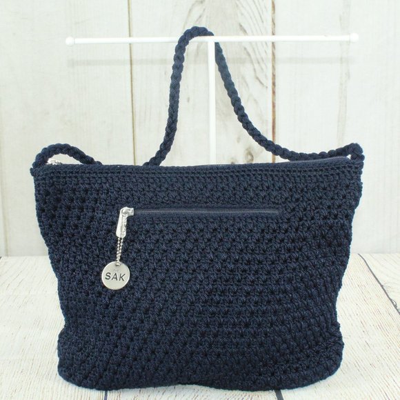 The Sak Blue Crochet Zipper Side Pocket Lined Tote Shoulder Handbag - Picture 6 of 9